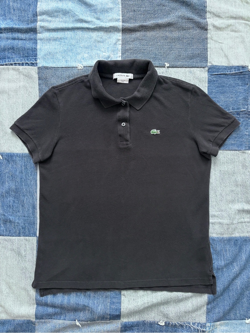 Lacoste black polo shirt buttoned collared crocodile embroidered patch preppy